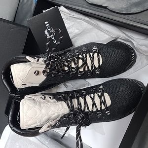 Coach grey wool herringbone/leather boots in size 8.5